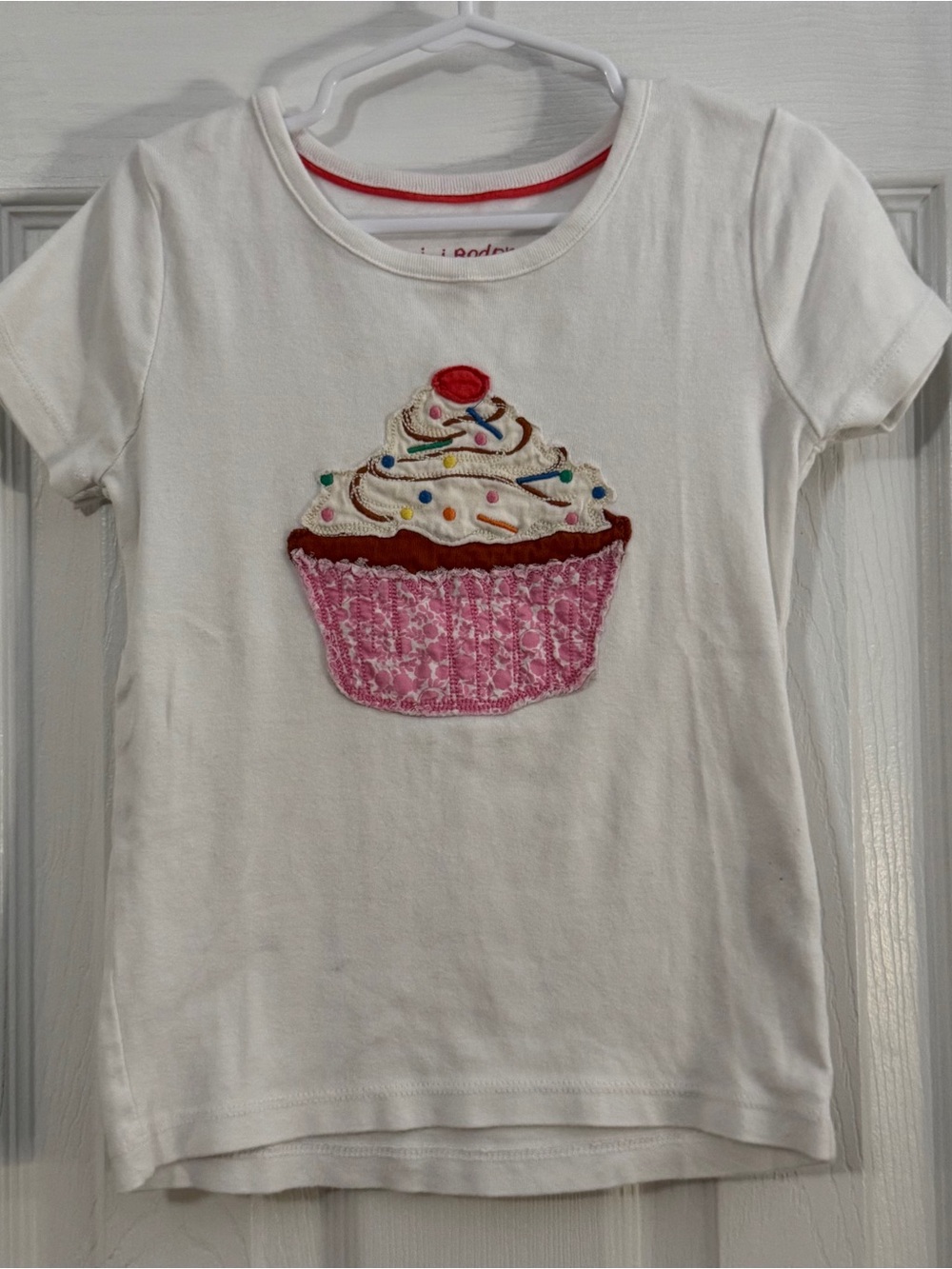 Mini Boden Baby Girl White Tee with Pink Cupcake Appliqué Short Sleeve